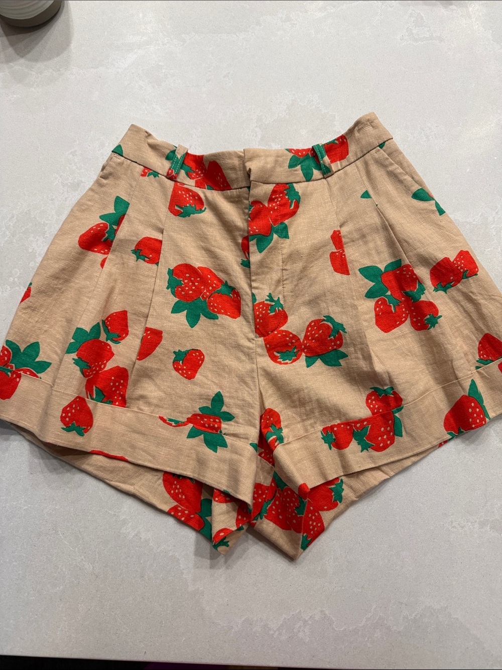 Maeve Strawberry Print Beige Women’s High-Waist Shorts